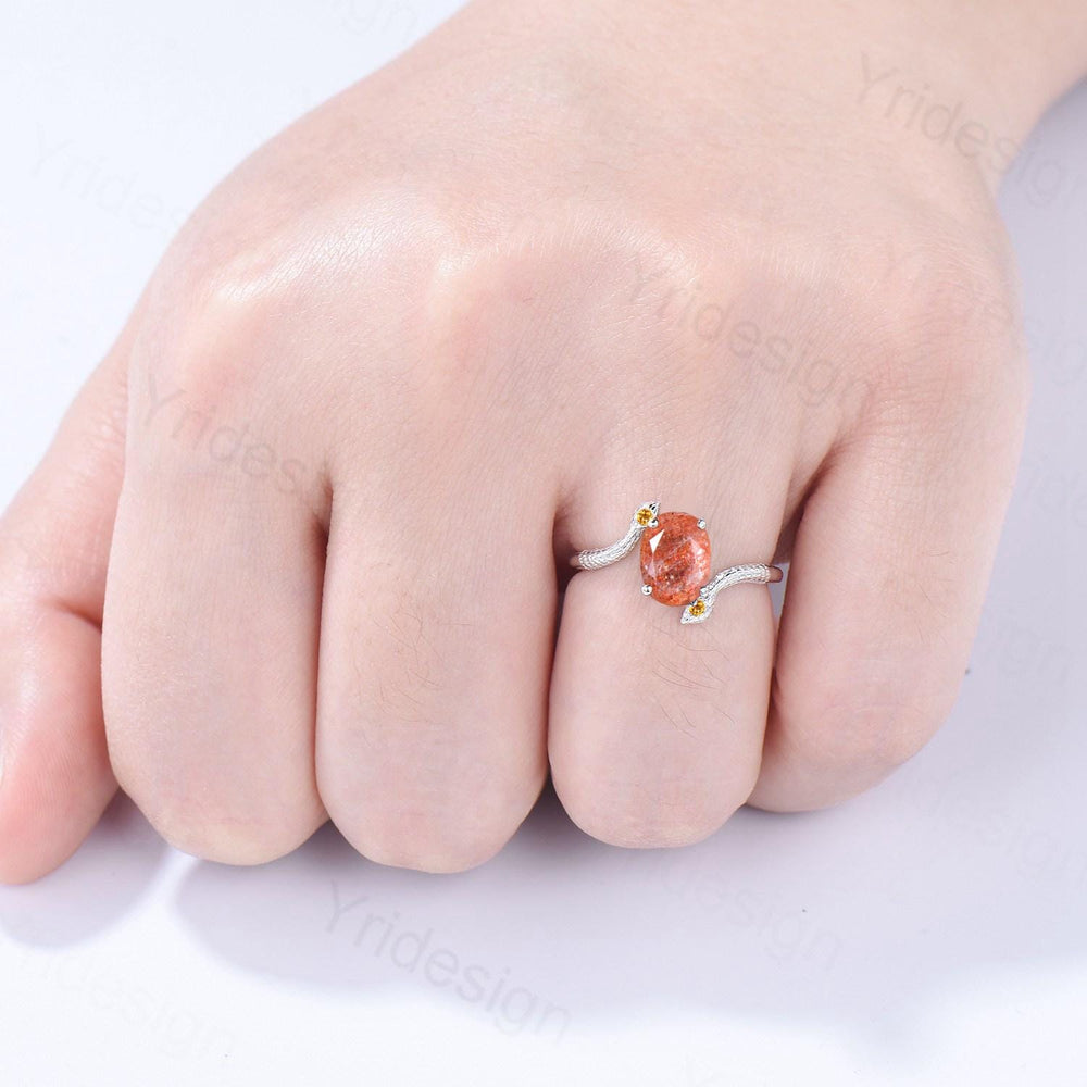 Unique Snake sunstone engagement ring oval cut cold-blooded citrine three stone wedding ring women anniversary promise gift for daughter - PENFINE