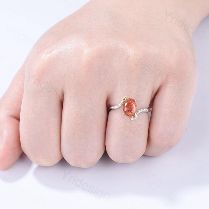 Unique Snake sunstone engagement ring oval cut cold-blooded citrine three stone wedding ring women anniversary promise gift for daughter - PENFINE