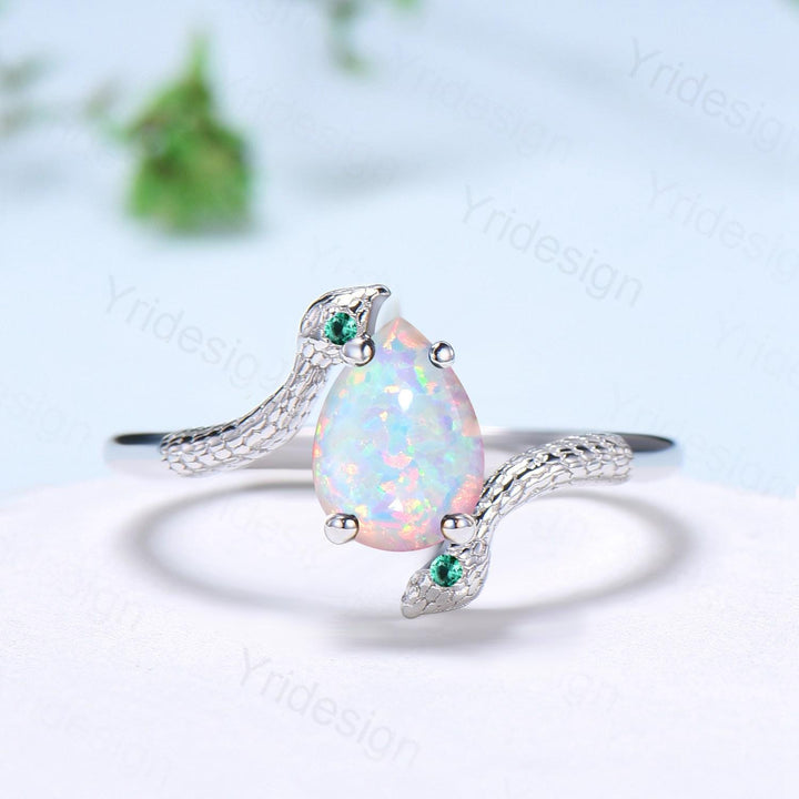 Unique Snake white fire opal engagement ring cold-blooded pear shaped opal emerald three stone wedding ring women anniversary promise gift - PENFINE