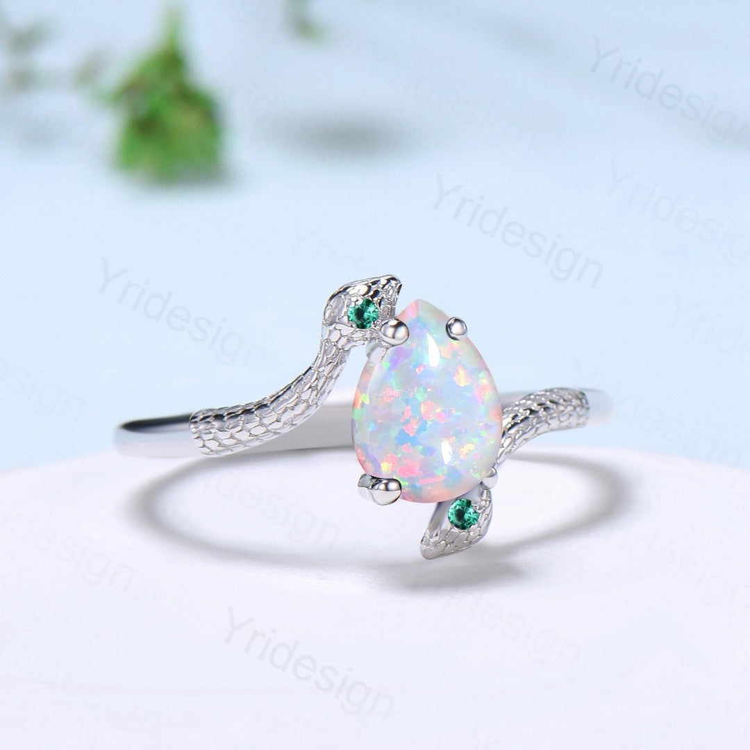 Unique Snake white fire opal engagement ring cold-blooded pear shaped opal emerald three stone wedding ring women anniversary promise gift - PENFINE