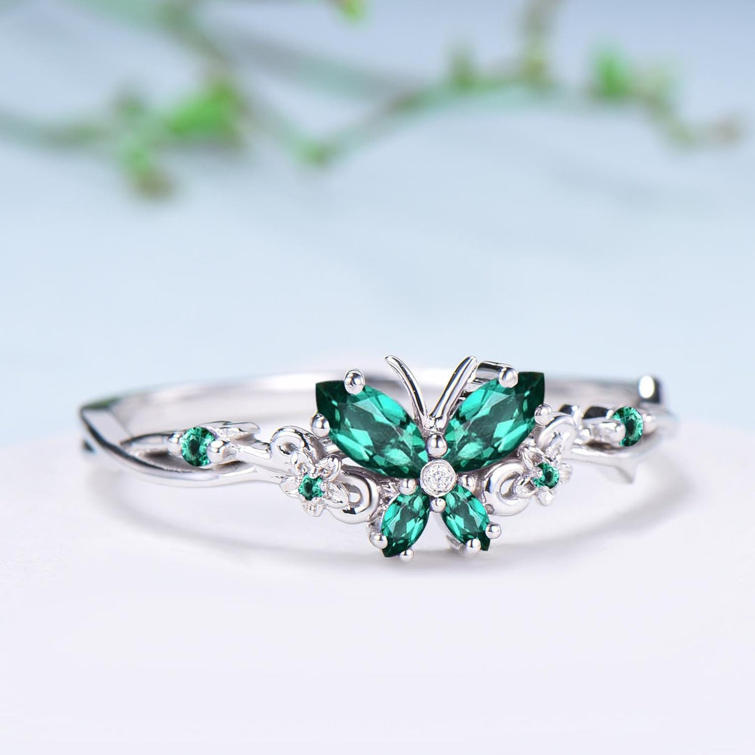 Vintage Butterfly Emerald Engagement Ring Unique marquise cut green gemstone silver white gold flower promise ring anniversary gift women - PENFINE