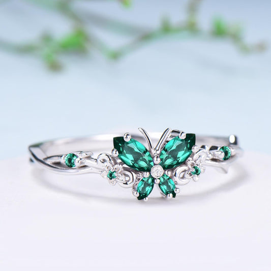 Vintage Butterfly Emerald Engagement Ring Unique marquise cut green gemstone silver white gold flower promise ring anniversary gift women - PENFINE