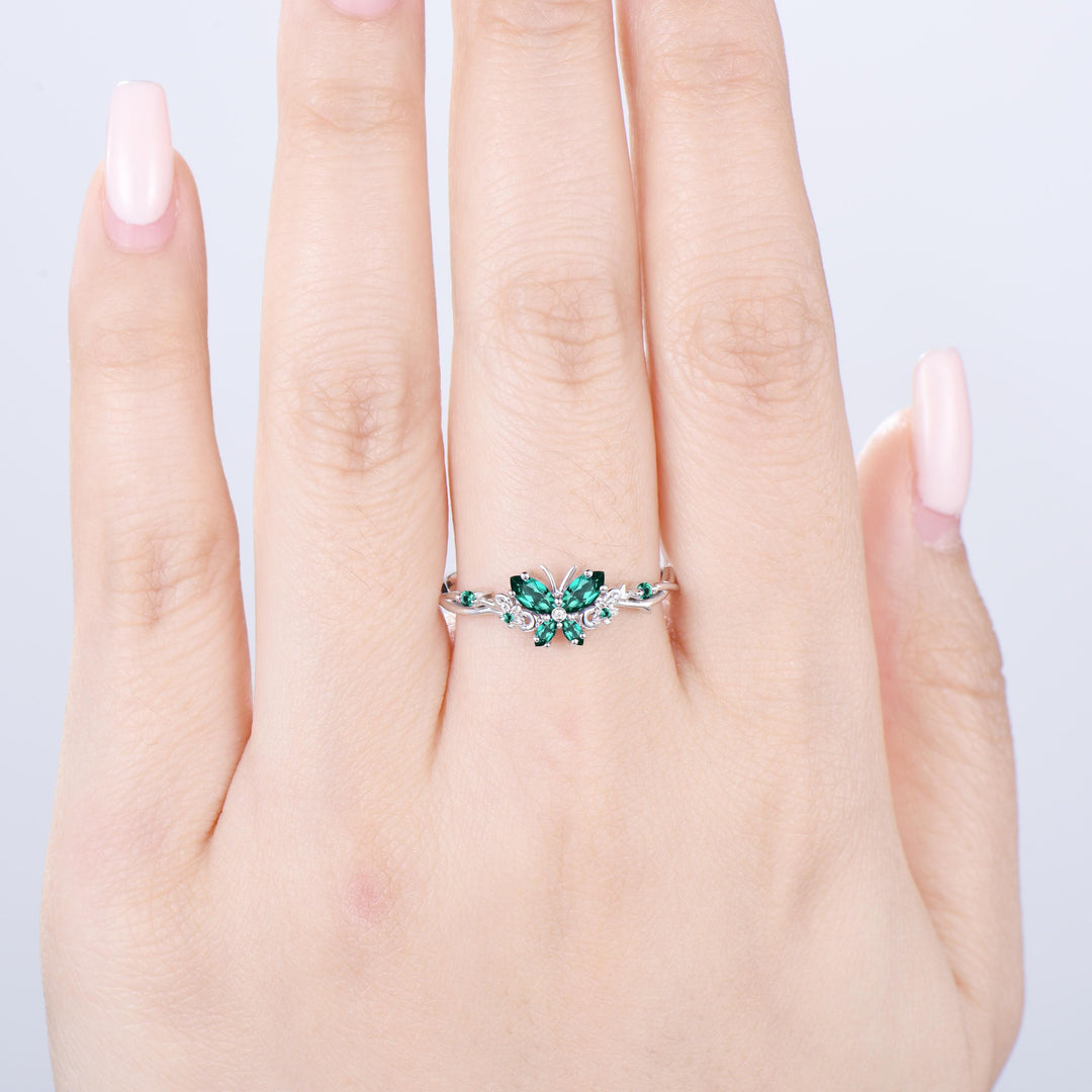 Vintage Butterfly Emerald Engagement Ring Unique marquise cut green gemstone silver white gold flower promise ring anniversary gift women - PENFINE
