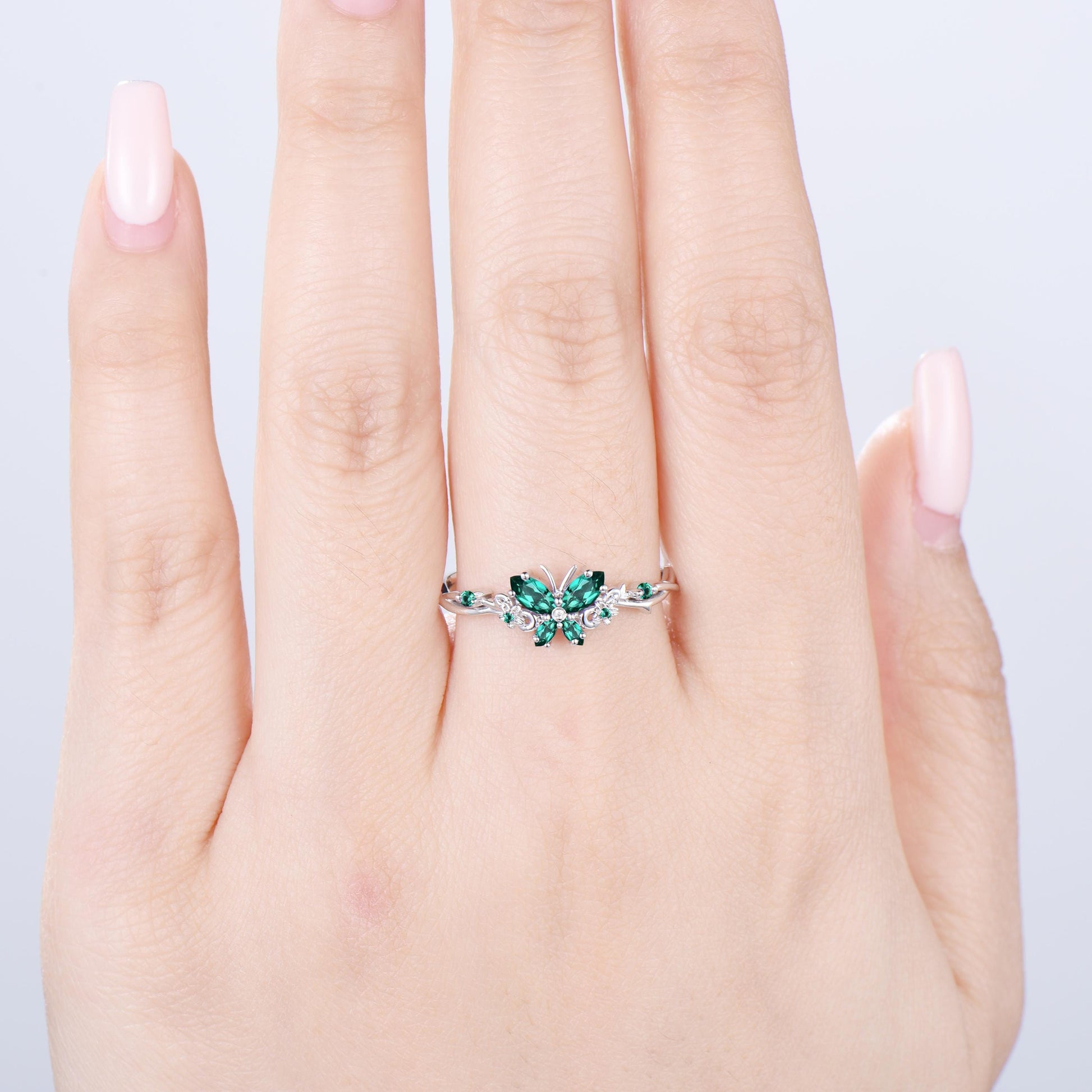 Vintage Butterfly Emerald Engagement Ring Unique marquise cut green gemstone silver white gold flower promise ring anniversary gift women - PENFINE