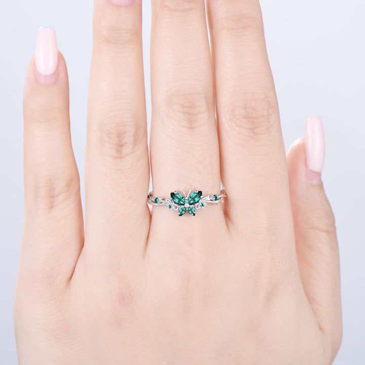 Vintage Butterfly Emerald Engagement Ring Unique marquise cut green gemstone silver white gold flower promise ring anniversary gift women - PENFINE