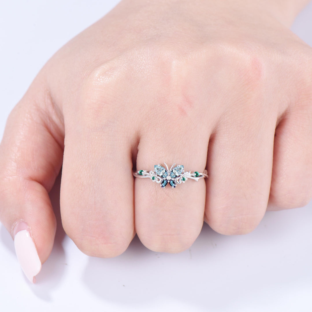 Vintage Butterfly Aquamarine Engagement Ring, Alexandrite Emerald Floral Design - PENFINE
