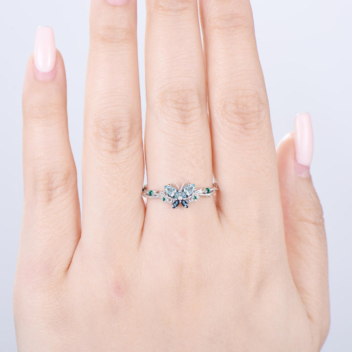 Vintage Butterfly Aquamarine Engagement Ring Unique marquise cut alexandrite emerald silver white gold flower promise ring anniversary gift - PENFINE