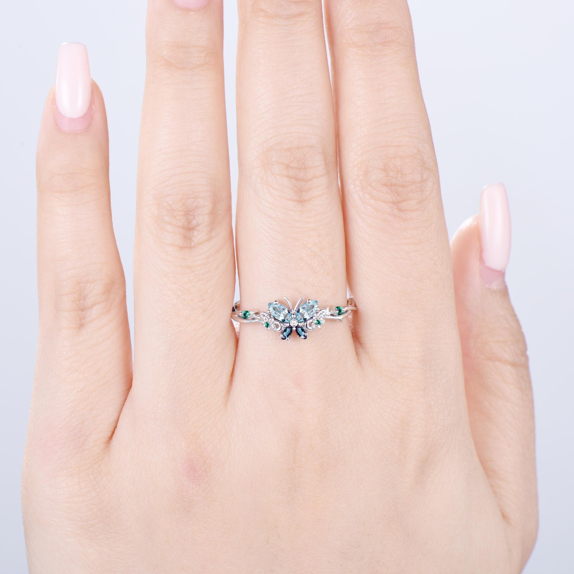 Vintage Butterfly Aquamarine Engagement Ring, Alexandrite Emerald Floral Design - PENFINE
