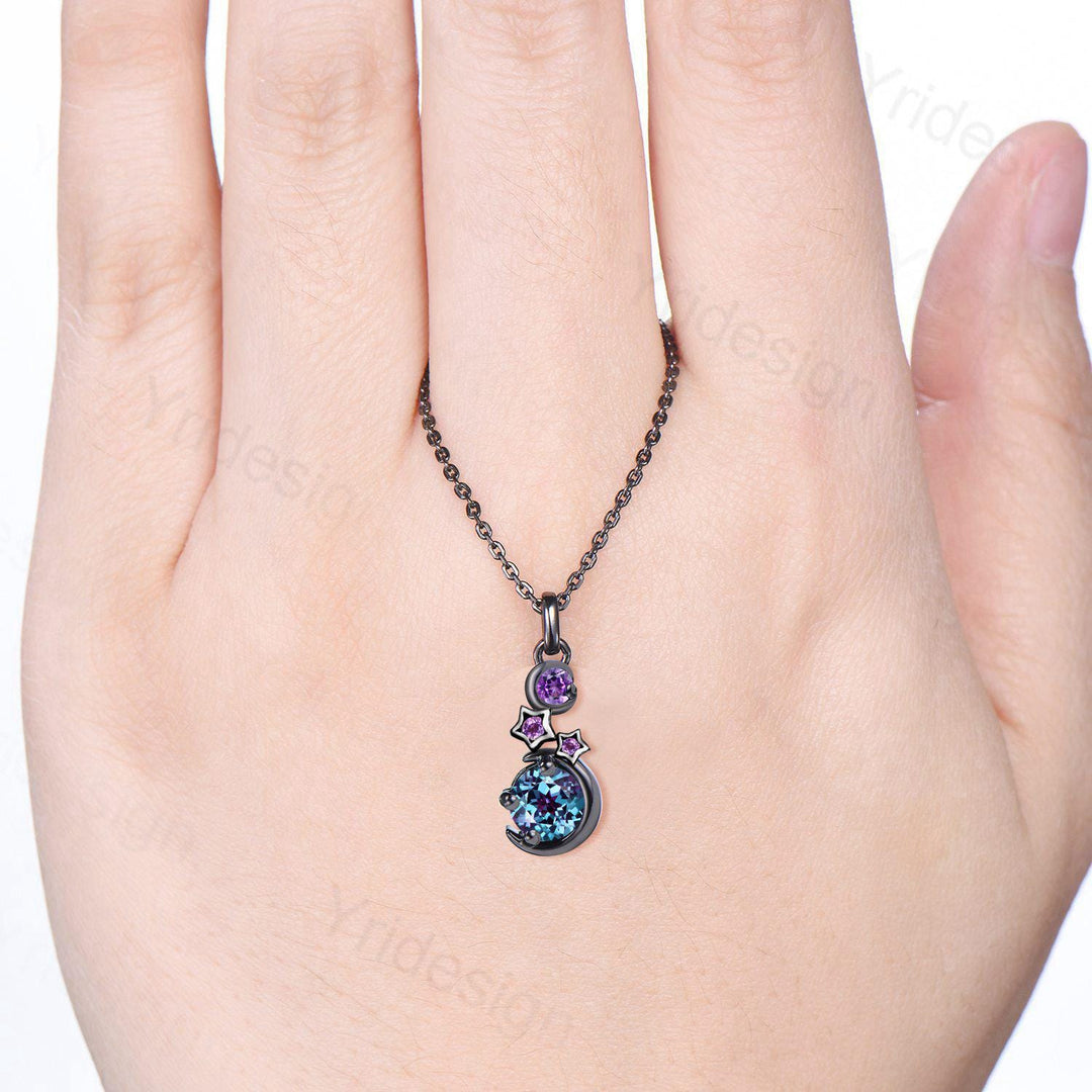 Unique Moon Star Necklace Black Gold Alexandrite Necklace Amethyst Pendant Necklace Halloween Gothic Promise Anniversary gift for daughter - PENFINE