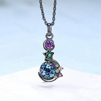 Unique Black Gold Alexandrite Necklace Cluster Amethyst Moissanite Pendant Necklace Emerald Gothic Promise Anniversary gift for daughter - PENFINE