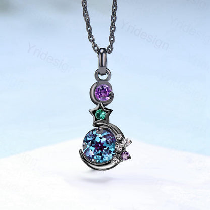 Unique Black Gold Alexandrite Necklace Cluster Amethyst Moissanite Pendant Necklace Emerald Gothic Promise Anniversary gift for daughter - PENFINE