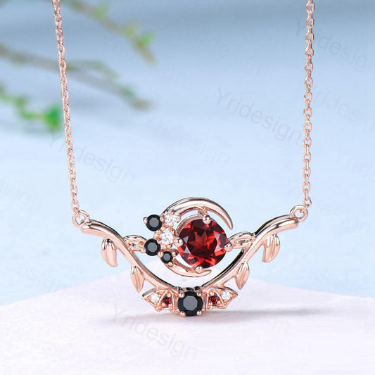 Unique Round Garnet Pendant Necklace Night Moon Bat blood Necklace Magic Crescent Moon Leaf Branch Necklace Spinel Anniversary gift Women - PENFINE
