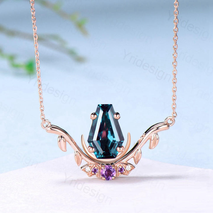 Unique Coffin Cut Alexandrite Pendant Necklace Night Moon Bat Necklace Amethyst Leaf Vine Branch Necklace Halloween Anniversary gift Women - PENFINE