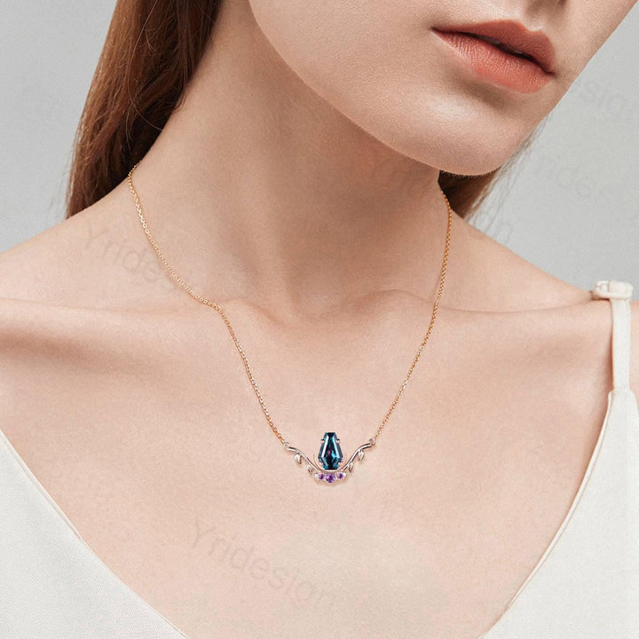 Unique Coffin Cut Alexandrite Pendant Necklace Night Moon Bat Necklace Amethyst Leaf Vine Branch Necklace Halloween Anniversary gift Women - PENFINE