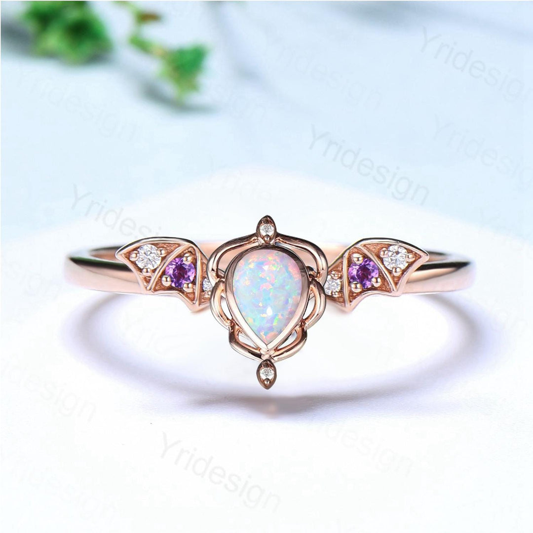 Unique Teardrop White Opal Ring Lotus Bat Art Deco Fire Opal Amethyst Engagement Ring Vintage Handmade Anniversary Proposal Gifts For Mom - PENFINE