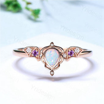 Unique Teardrop White Opal Ring Lotus Bat Art Deco Fire Opal Amethyst Engagement Ring Vintage Handmade Anniversary Proposal Gifts For Mom - PENFINE