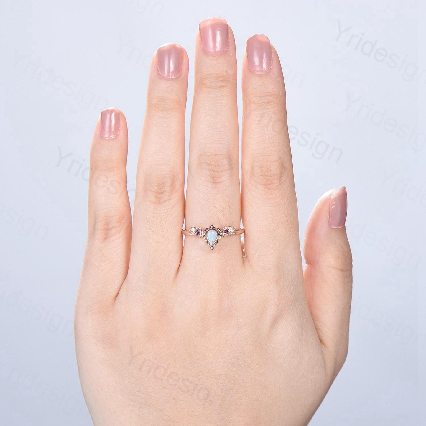 Unique Teardrop White Opal Ring Lotus Bat Art Deco Fire Opal Amethyst Engagement Ring Vintage Handmade Anniversary Proposal Gifts For Mom - PENFINE