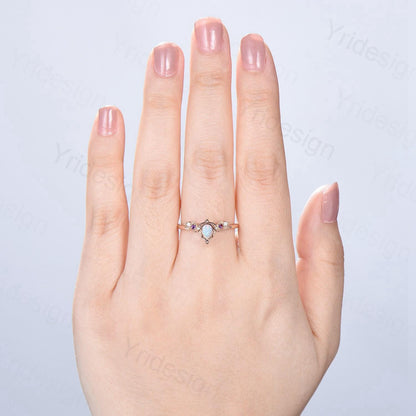 Unique Teardrop White Opal Ring Lotus Bat Art Deco Fire Opal Amethyst Engagement Ring Vintage Handmade Anniversary Proposal Gifts For Mom - PENFINE