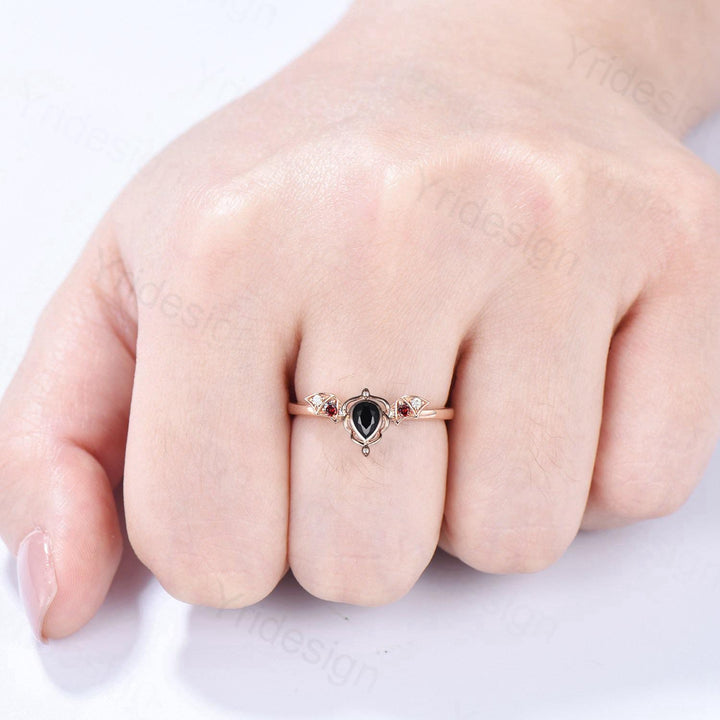 Unique Teardrop Black Onyx Ring Lotus Bat Art Deco Onyx Garnet Engagement Ring Vintage Handmade Anniversary Proposal Gifts For Daughter - PENFINE