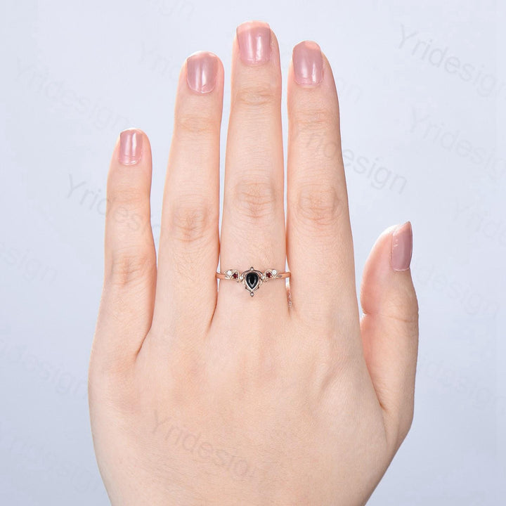 Unique Teardrop Black Onyx Ring Lotus Bat Art Deco Onyx Garnet Engagement Ring Vintage Handmade Anniversary Proposal Gifts For Daughter - PENFINE