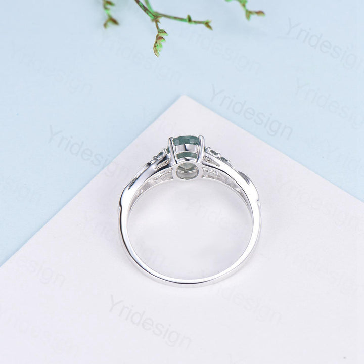Celtic Knot Oval Natural Moss Agate Engagement Ring Solid 14K/18K White Gold Unique Infinity Ring Cluster Wedding Ring Anniversary gifts - PENFINE