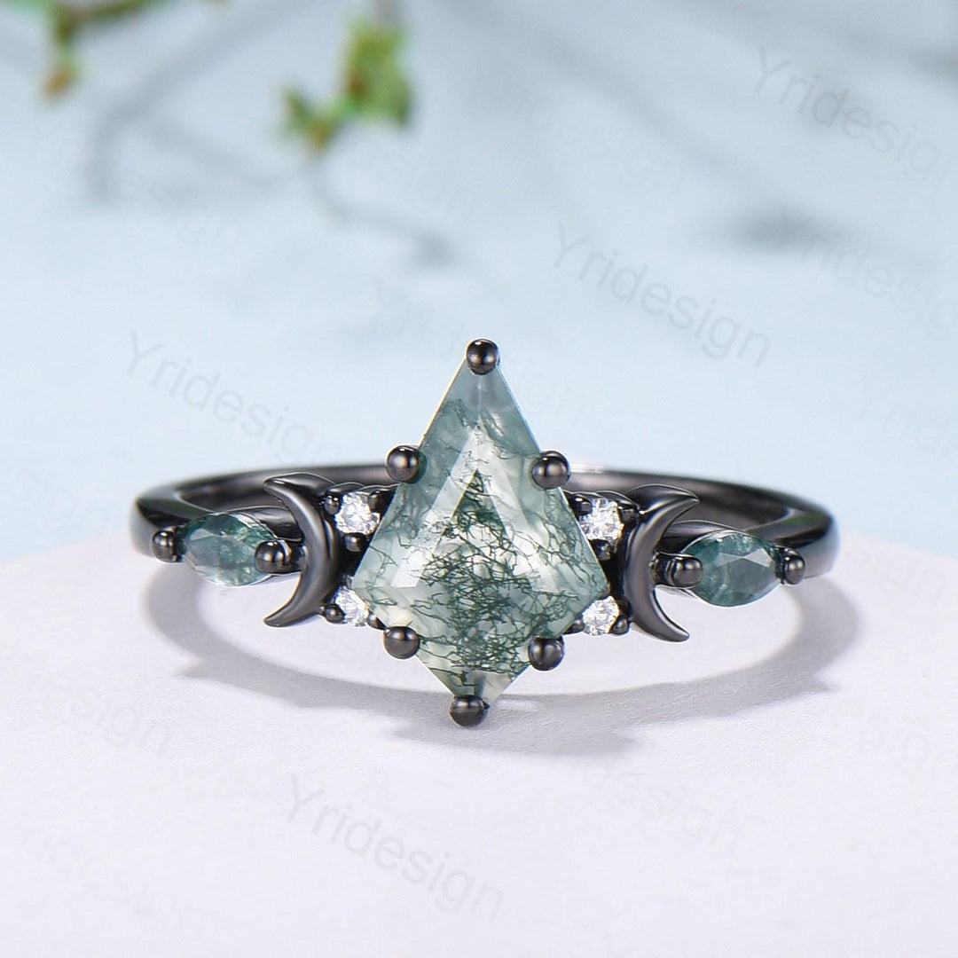 Black gold kite cut moss agate ring Unique crescent moon star engagement ring art deco delicate bridal wedding set handmade anniversary gift - PENFINE