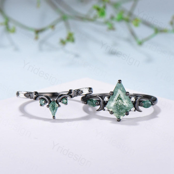 Black gold kite cut moss agate ring Unique crescent moon star engagement ring art deco delicate bridal wedding set handmade anniversary gift - PENFINE