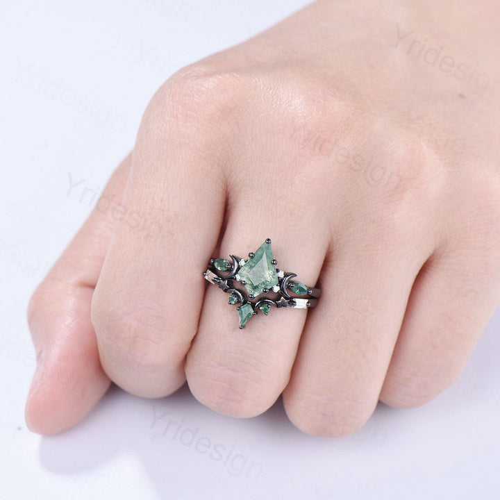 Black gold kite cut moss agate ring Unique crescent moon star engagement ring art deco delicate bridal wedding set handmade anniversary gift - PENFINE