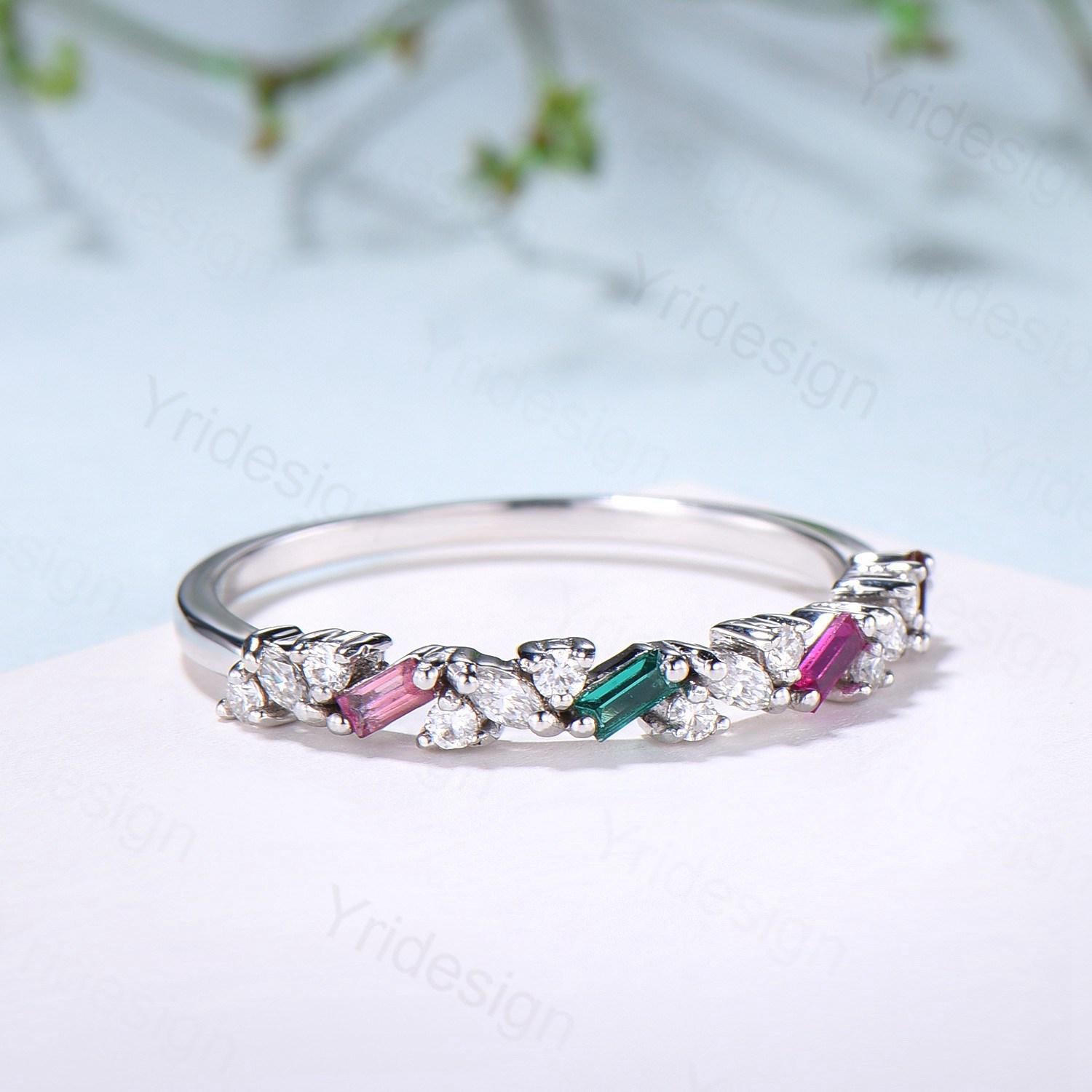 Vintage Emerald Ruby Eternity Wedding Band Women Unique Baguette Garnet Stackable Promise Ring Marquise Matching Band Anniversary Gift Women - PENFINE