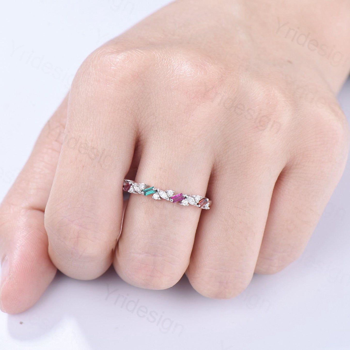 Vintage Emerald Ruby Eternity Wedding Band Women Unique Baguette Garnet Stackable Promise Ring Marquise Matching Band Anniversary Gift Women - PENFINE