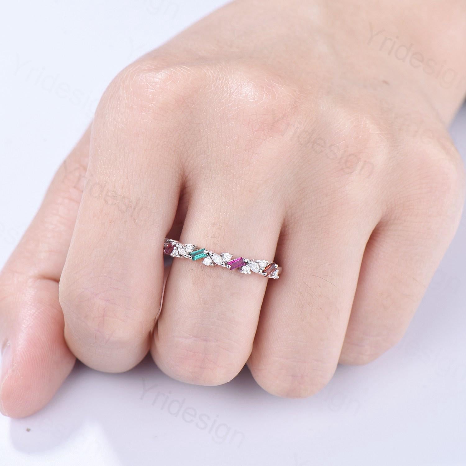 Vintage Emerald Ruby Eternity Wedding Band Women Unique Baguette Garnet Stackable Promise Ring Marquise Matching Band Anniversary Gift Women - PENFINE