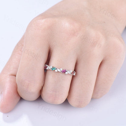 Vintage Emerald Ruby Eternity Wedding Band Women Unique Baguette Garnet Stackable Promise Ring Marquise Matching Band Anniversary Gift Women - PENFINE