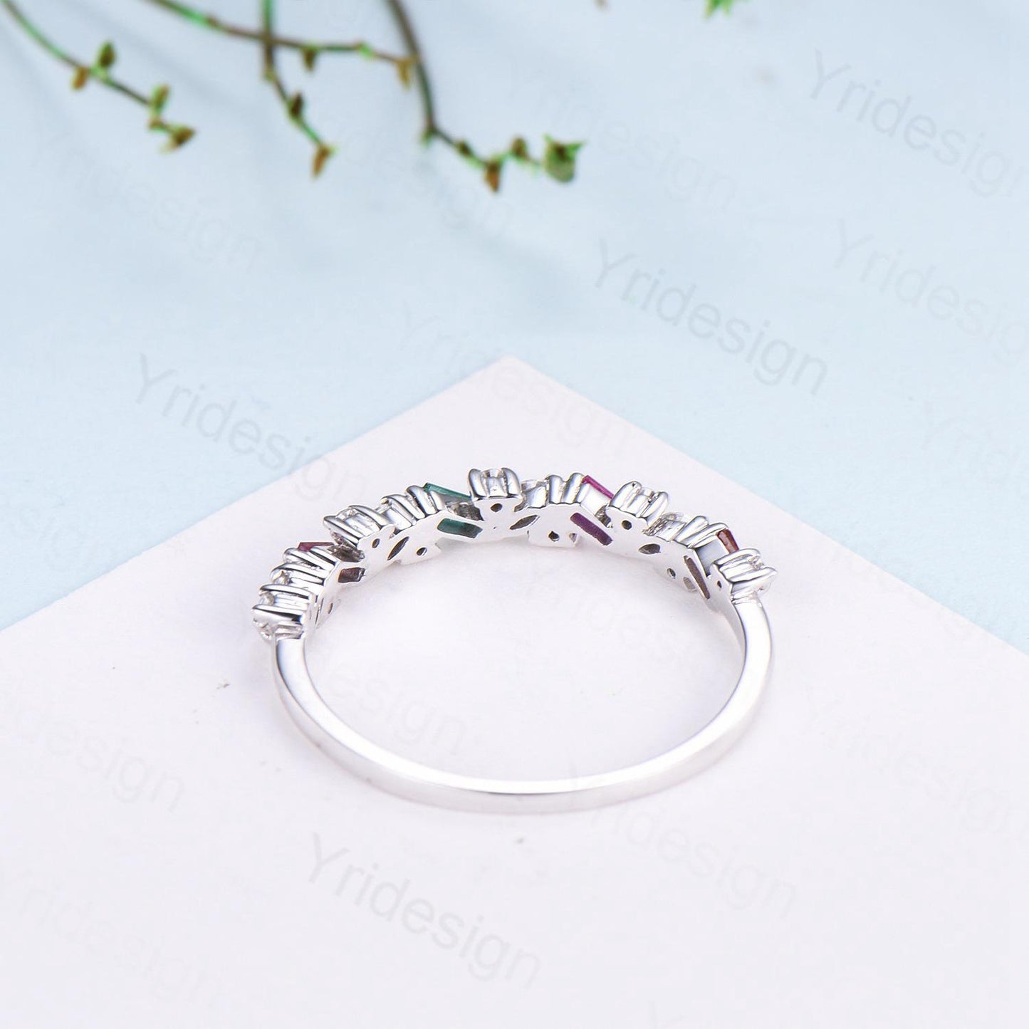 Vintage Emerald Ruby Eternity Wedding Band Women Unique Baguette Garnet Stackable Promise Ring Marquise Matching Band Anniversary Gift Women - PENFINE