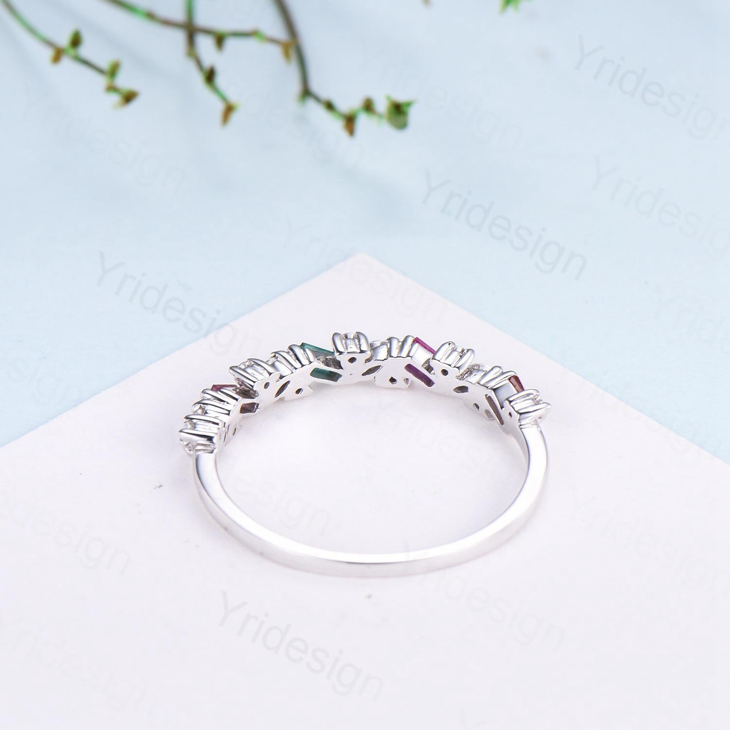 Vintage Emerald Ruby Eternity Wedding Band Women Unique Baguette Garnet Stackable Promise Ring Marquise Matching Band Anniversary Gift Women - PENFINE