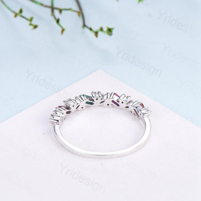 Vintage Emerald Ruby Eternity Wedding Band Women Unique Baguette Garnet Stackable Promise Ring Marquise Matching Band Anniversary Gift Women - PENFINE