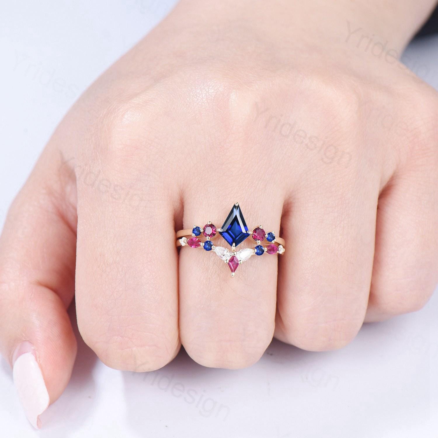 Vintage Kite Cut Sapphire Engagement Ring Set Five Stone Sapphire Ruby Wedding ring Set 14K Yellow Gold Art Deco 2pcs Bridal Ring Set Women - PENFINE