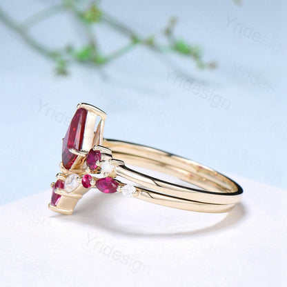 Vintage Kite Fire Opal Engagement Ring Set White Opal Ruby Wedding ring Set Art Deco Anniversary Gift 2Pcs 14K Yellow Gold Bride Set Women - PENFINE