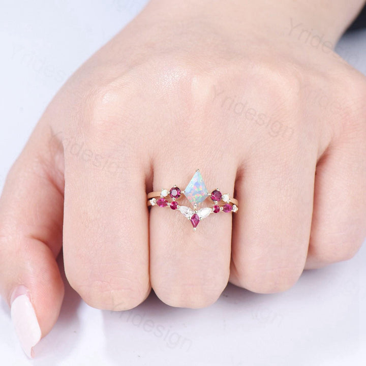 Vintage Kite Fire Opal Engagement Ring Set White Opal Ruby Wedding ring Set Art Deco Anniversary Gift 2Pcs 14K Yellow Gold Bride Set Women - PENFINE