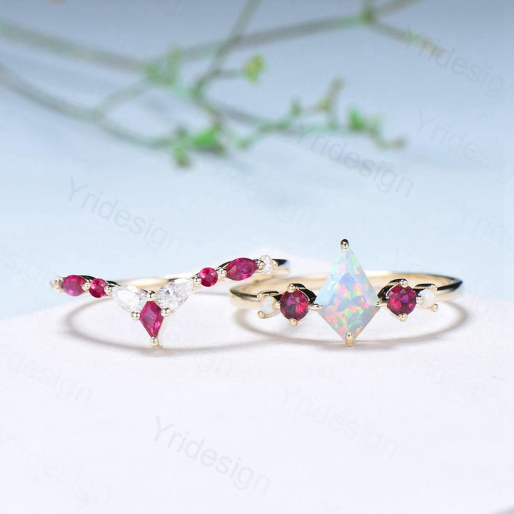 Vintage Kite Fire Opal Engagement Ring Set White Opal Ruby Wedding ring Set Art Deco Anniversary Gift 2Pcs 14K Yellow Gold Bride Set Women - PENFINE