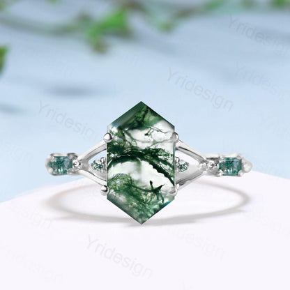 Split Shank Long Hexagon cut natural green moss agate engagement ring baguette agate five stone wedding ring elegant anniversary gift women - PENFINE