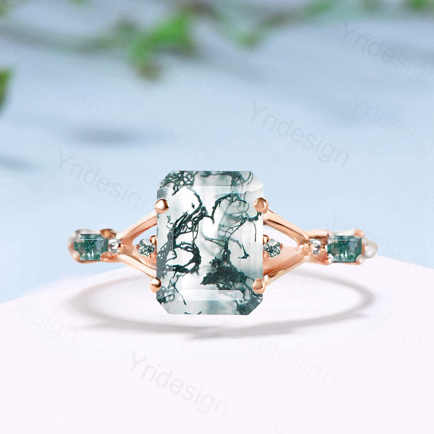 Unique Split Shank Emerald Cut Moss Agate Engagement Ring Five Stone Baguette Trillion Style Agate Wedding Ring Anniversary Gifts for Women - PENFINE