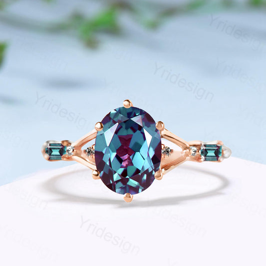 Vintage Oval Alexandrite Engagement Ring Split Shank Five Stone Color Change Wedding Ring For Women Bridal Promise Ring Anniversary Gift - PENFINE
