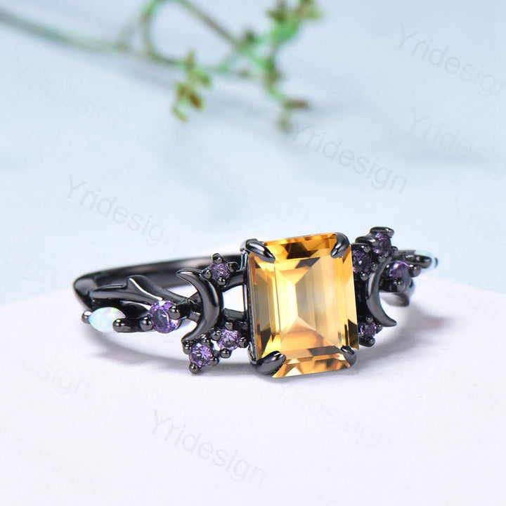 Unique Black Gold Citrine Ring Emerald Cut November Birthstone Moon Engagement Ring Cluster Opal Amethyst Wedding Ring Anniversary Gifts - PENFINE