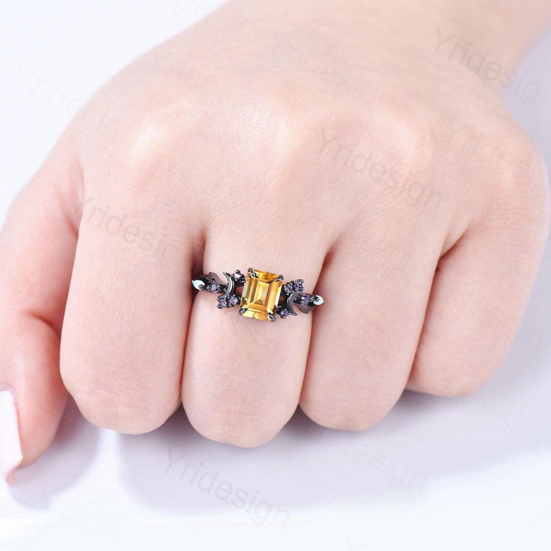 Unique Black Gold Citrine Ring Emerald Cut November Birthstone Moon Engagement Ring Cluster Opal Amethyst Wedding Ring Anniversary Gifts - PENFINE