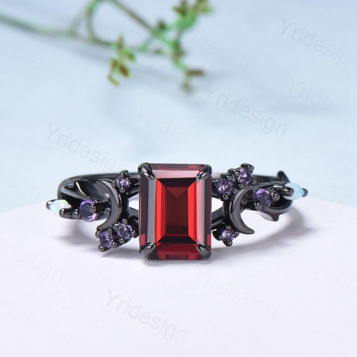 Unique Black Gold Emerald Cut Garnet Ring Art Deco Moon January Birthstone Engagement Ring Cluster Opal Amethyst Wedding Anniversary Gifts - PENFINE