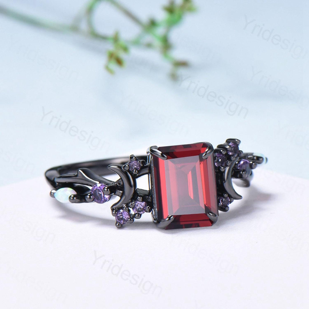 Unique Black Gold Emerald Cut Garnet Ring Art Deco Moon January Birthstone Engagement Ring Cluster Opal Amethyst Wedding Anniversary Gifts - PENFINE