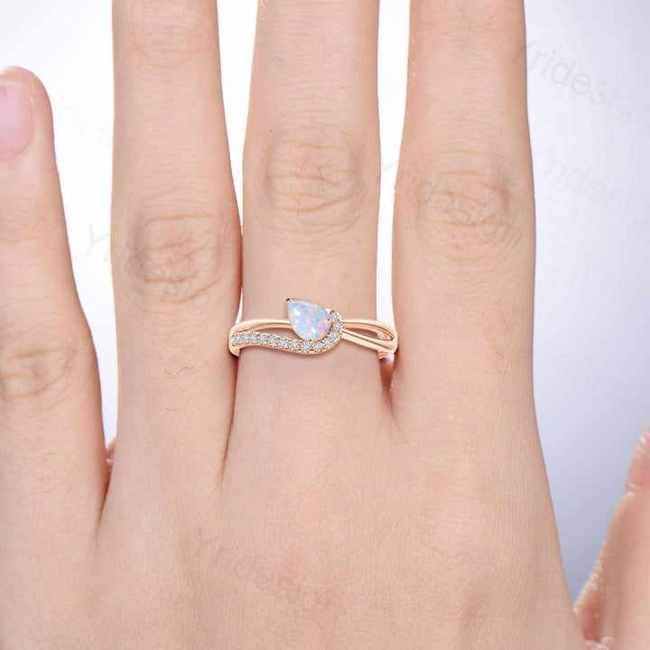 Split Shank white opal engagement ring art deco pear shaped fire opal diamond wedding ring silver rose gold anniversary gifts for daughter - PENFINE