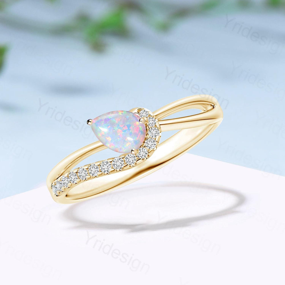 Split Shank white opal engagement ring art deco pear shaped fire opal diamond wedding ring silver rose gold anniversary gifts for daughter - PENFINE