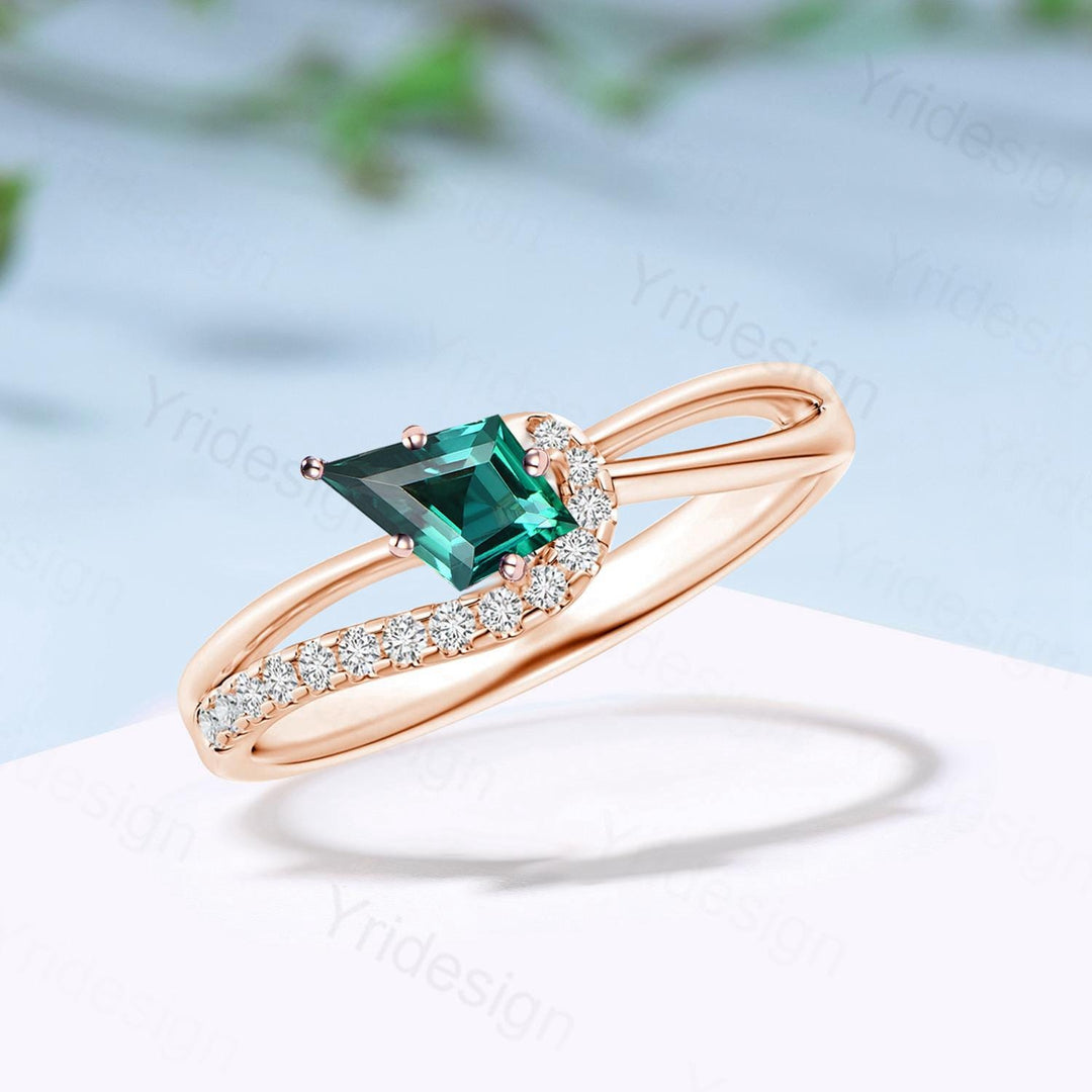 Unique Kite cut emerald engagement ring split shank silver rose gold green stone eternity may birthstone wedding ring mom anniversary gifts - PENFINE