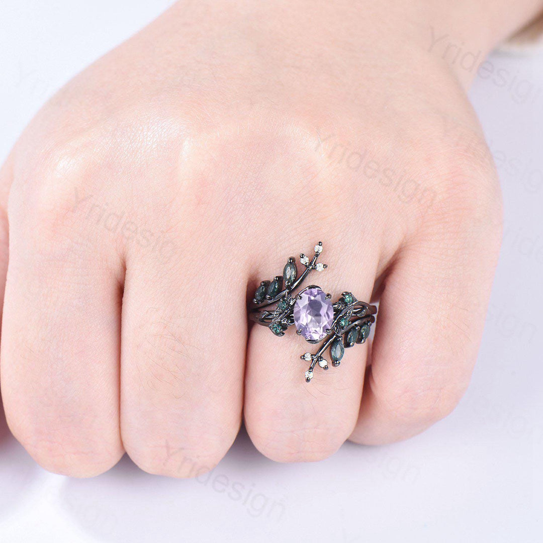 Nature Inspired Lavender Amethyst Engagement ring set black gold unique leaf vine marquise moss agate ring gothic 2pcs bridal wedding set - PENFINE